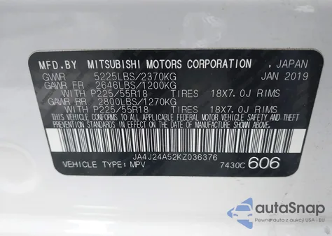 2019 Mitsubishi Outlander Phev Gt из США, поврежденный, VIN JA4J24A52KZ036376